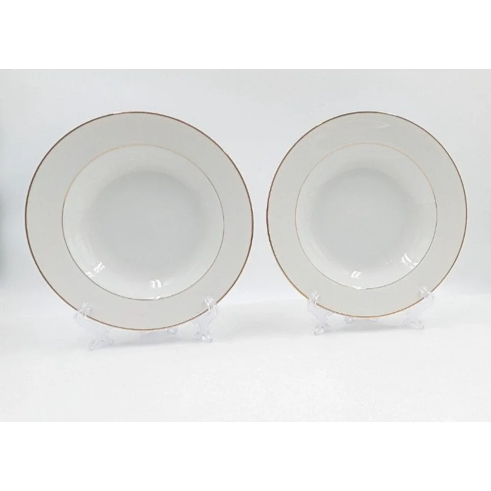 Four Crown Mayfair 381 Rim Soup Bowls Set of 2 Gold Trim Japan 8 1/2